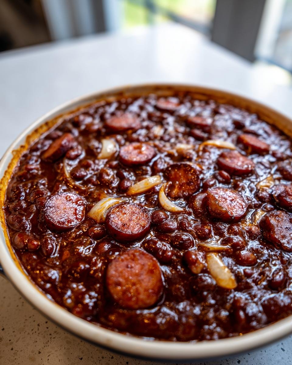 Close-up of rich, saucy Baked Beans With Smoked Sausage topped with browned sausage slices and onions in a white baking dish.