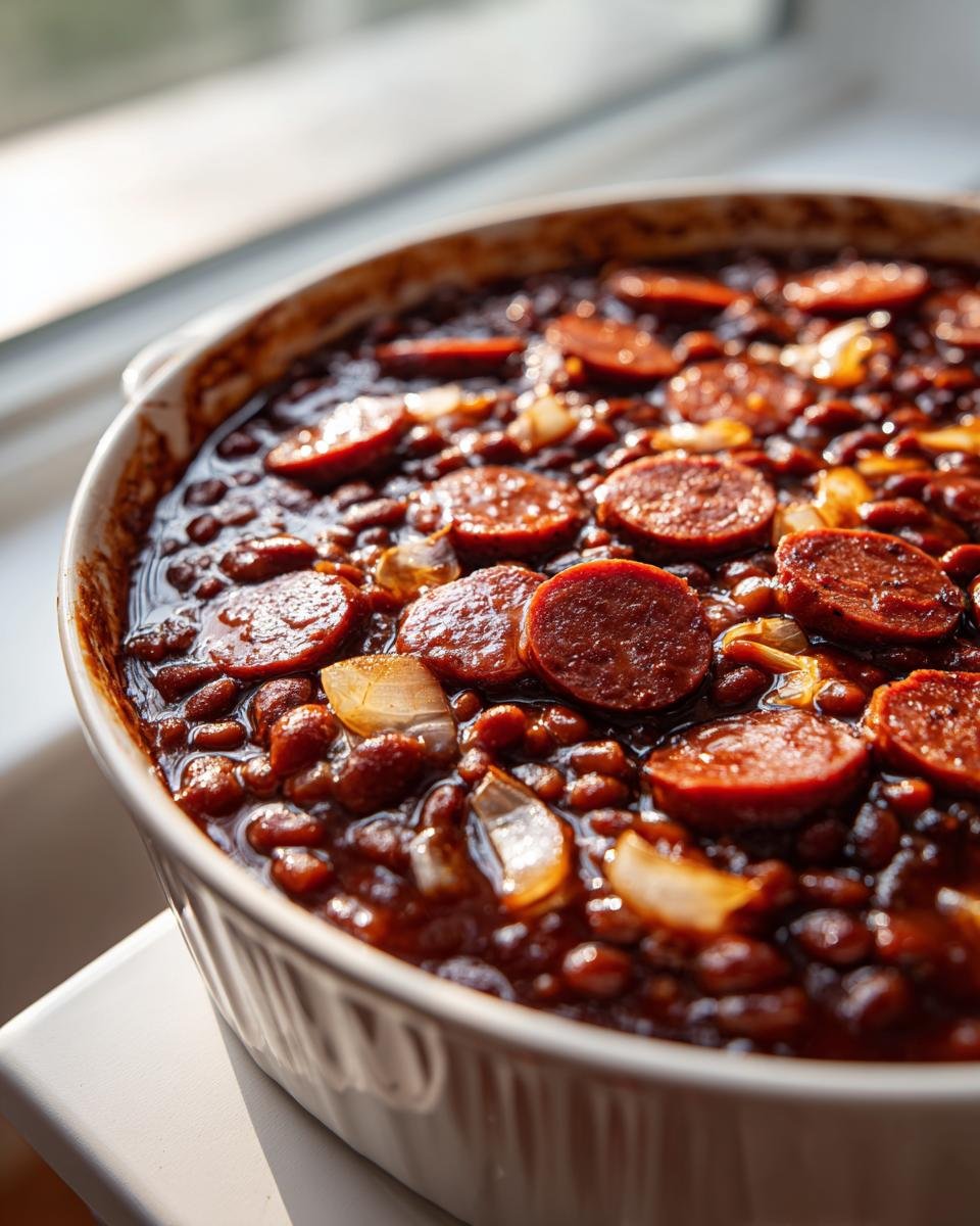 Close-up of rich, saucy Baked Beans With Smoked Sausage and onions in a white baking dish.