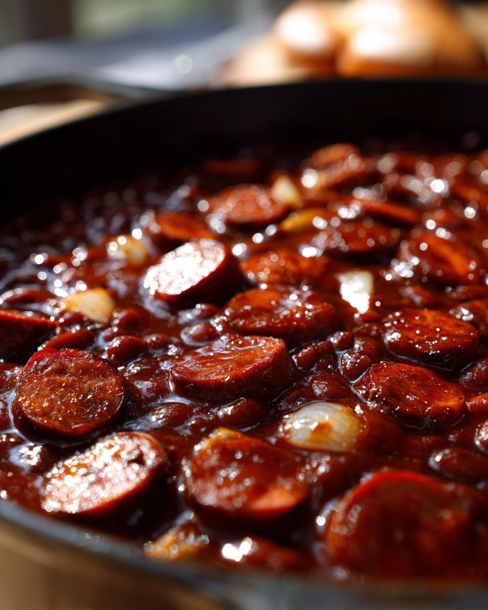 Close-up of rich, glossy Baked Beans With Smoked Sausage simmering in a dark skillet.