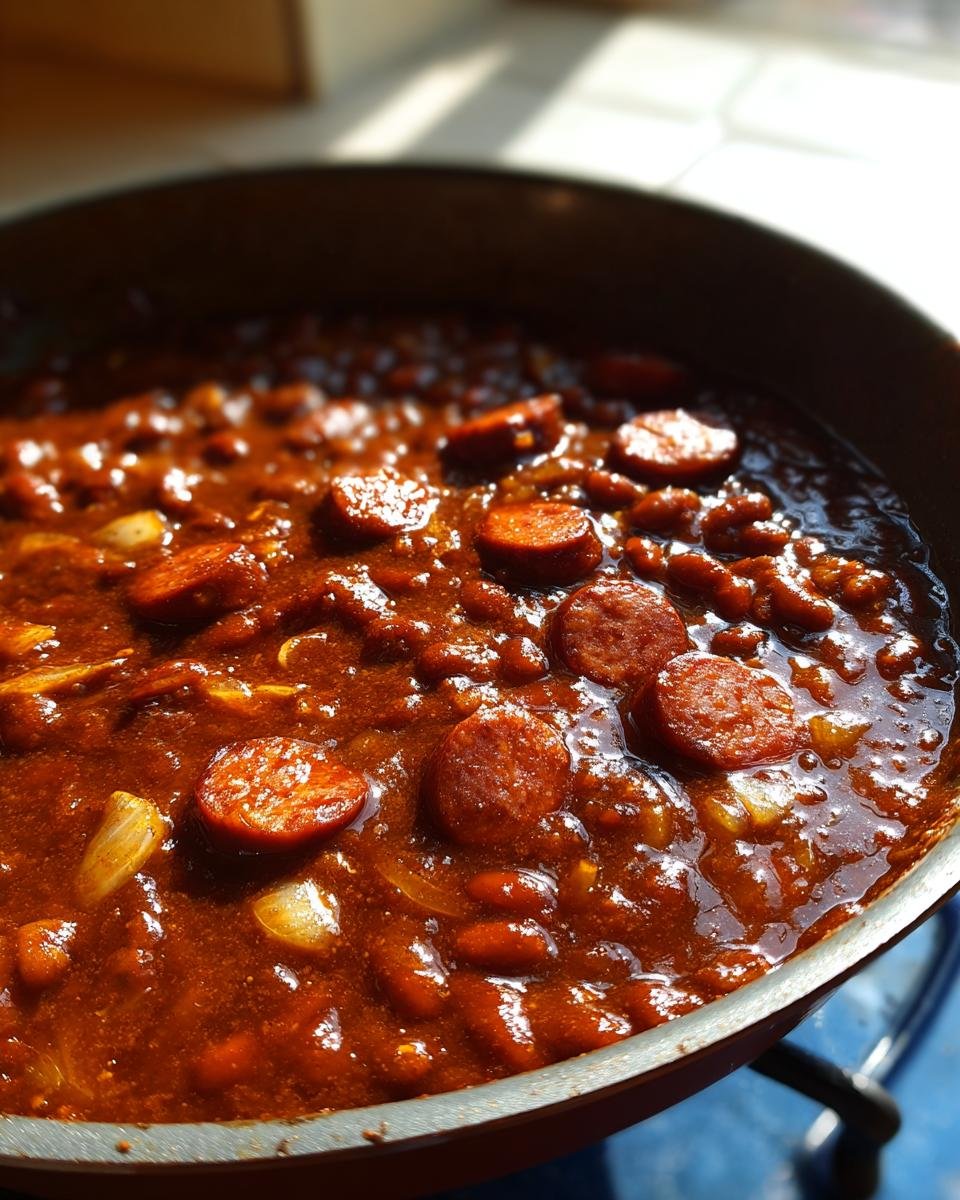 Close-up of rich, saucy Baked Beans With Smoked Sausage simmering in a dark skillet, catching the sunlight.