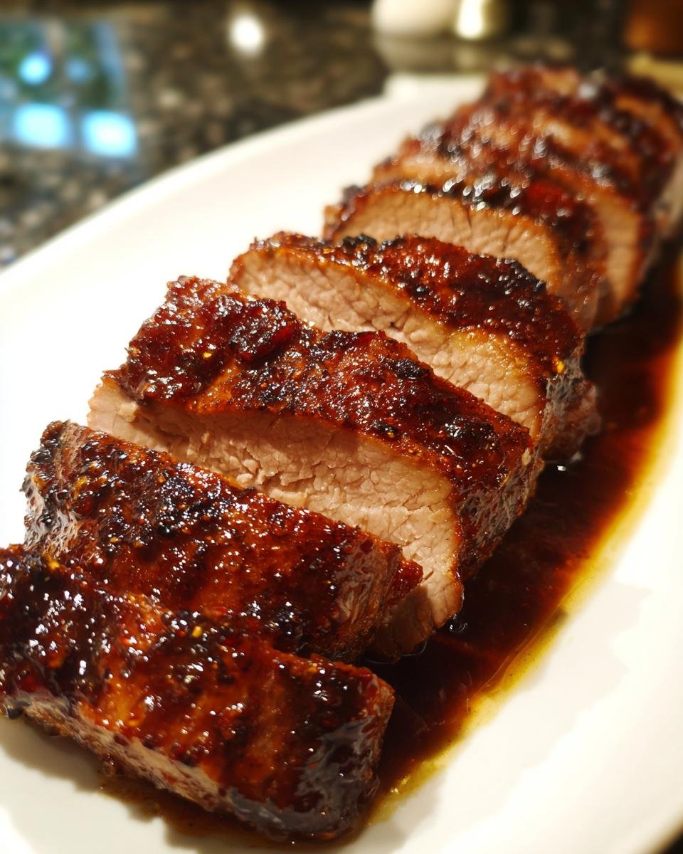 Close-up of sliced Balsamic Roasted Pork Tenderloin, glistening with a dark, rich glaze, resting in pan juices.