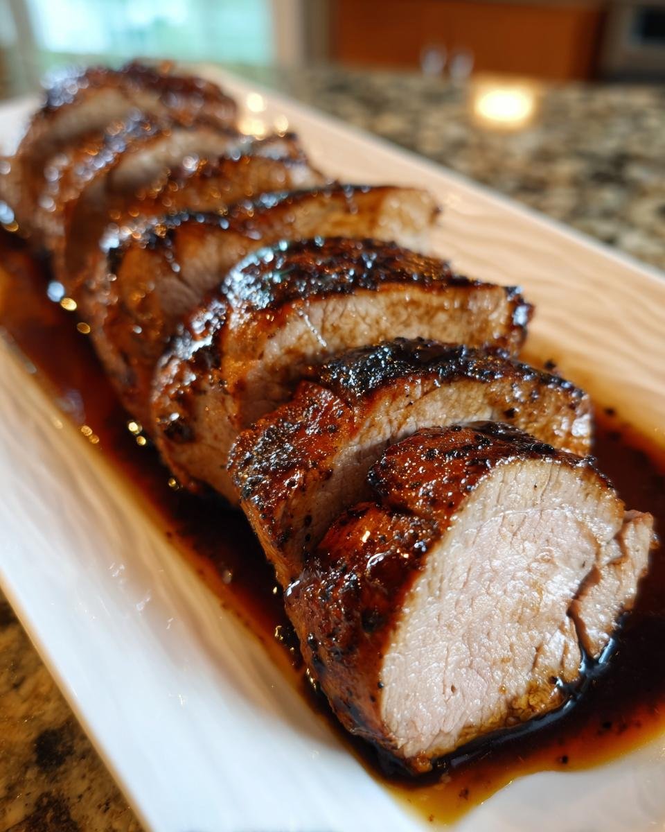 Close-up of sliced Balsamic Roasted Pork Tenderloin resting in its dark, glossy glaze on a white platter.