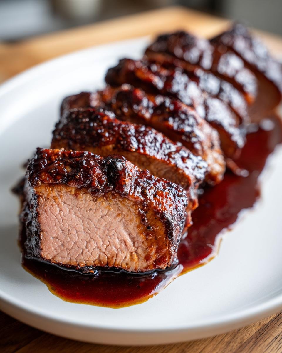 Close-up of sliced Balsamic Roasted Pork Tenderloin, showing a juicy pink interior and dark, sticky glaze.