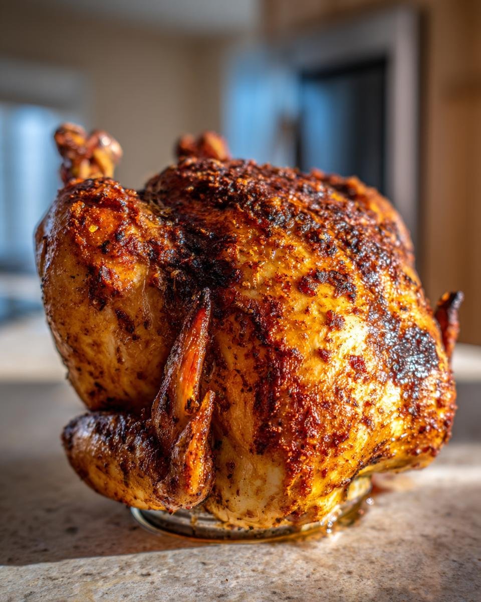 A whole, beautifully roasted Beer Can Chicken with dark, crispy, seasoned skin sitting upright on a surface.