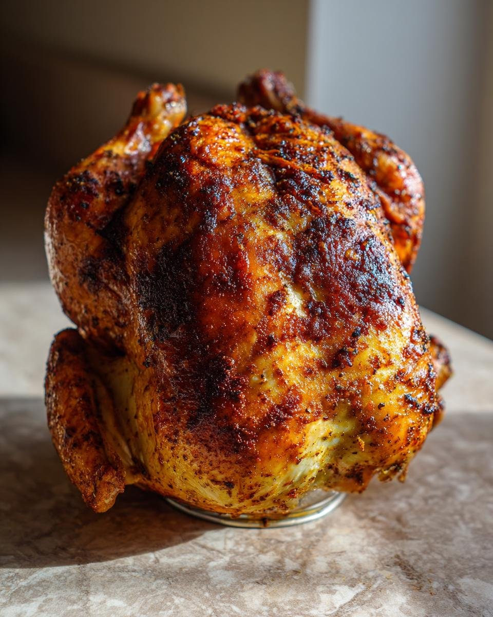 A whole, beautifully roasted Beer Can Chicken standing upright on a metal rack with crispy, dark brown skin.