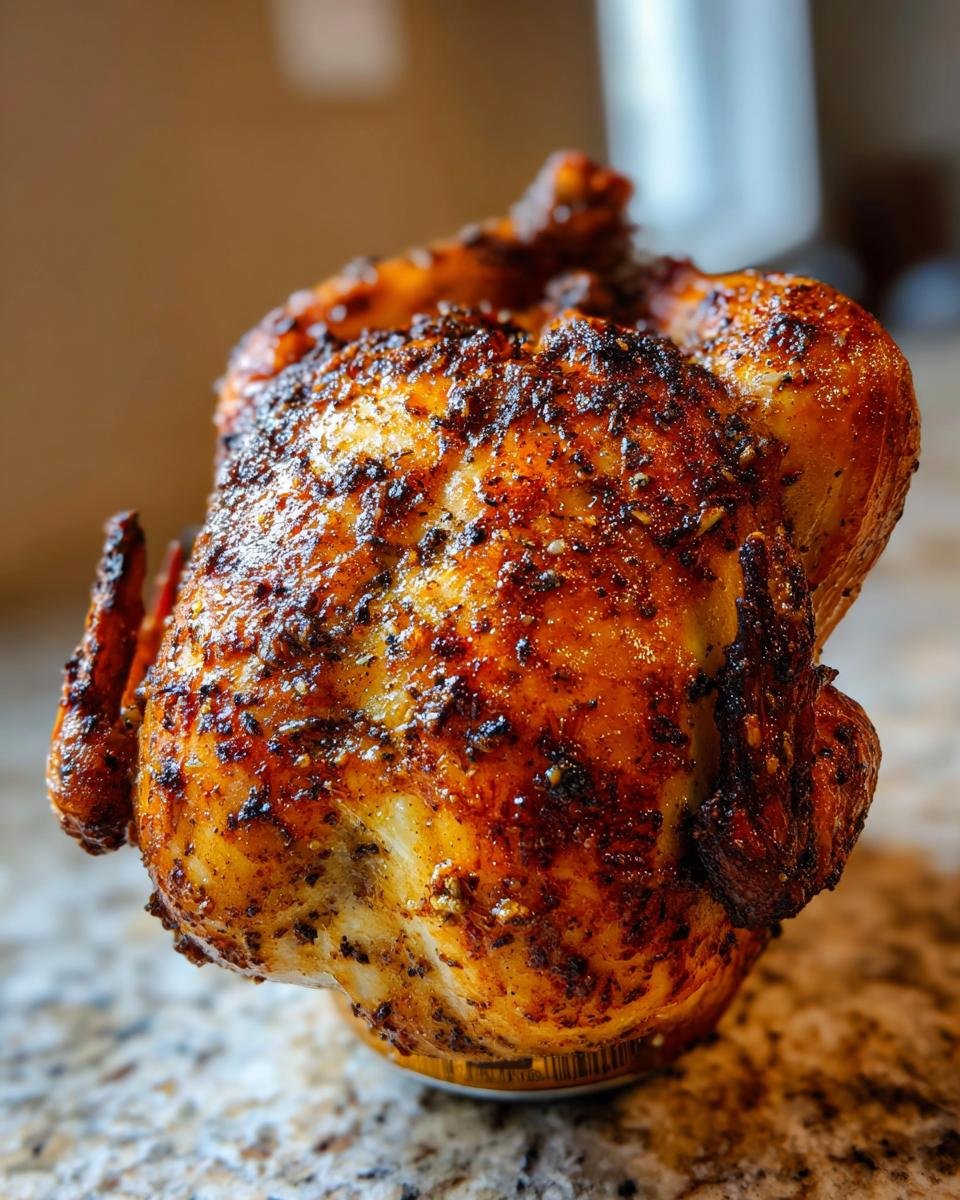 A whole, roasted Beer Can Chicken standing upright on a can, featuring deeply browned, seasoned, and crispy skin.