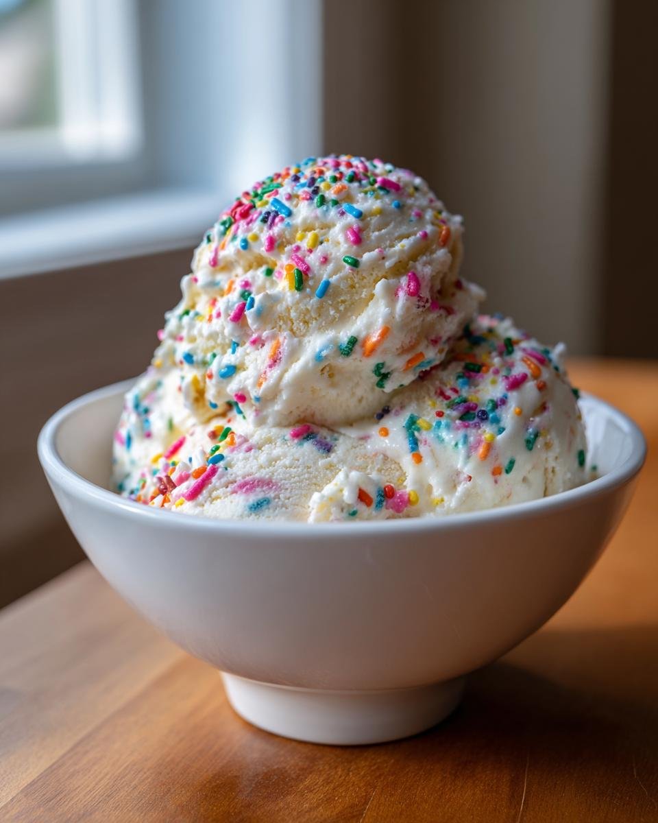 Two scoops of creamy Birthday Cake Ice Cream generously topped with colorful rainbow sprinkles in a white bowl.
