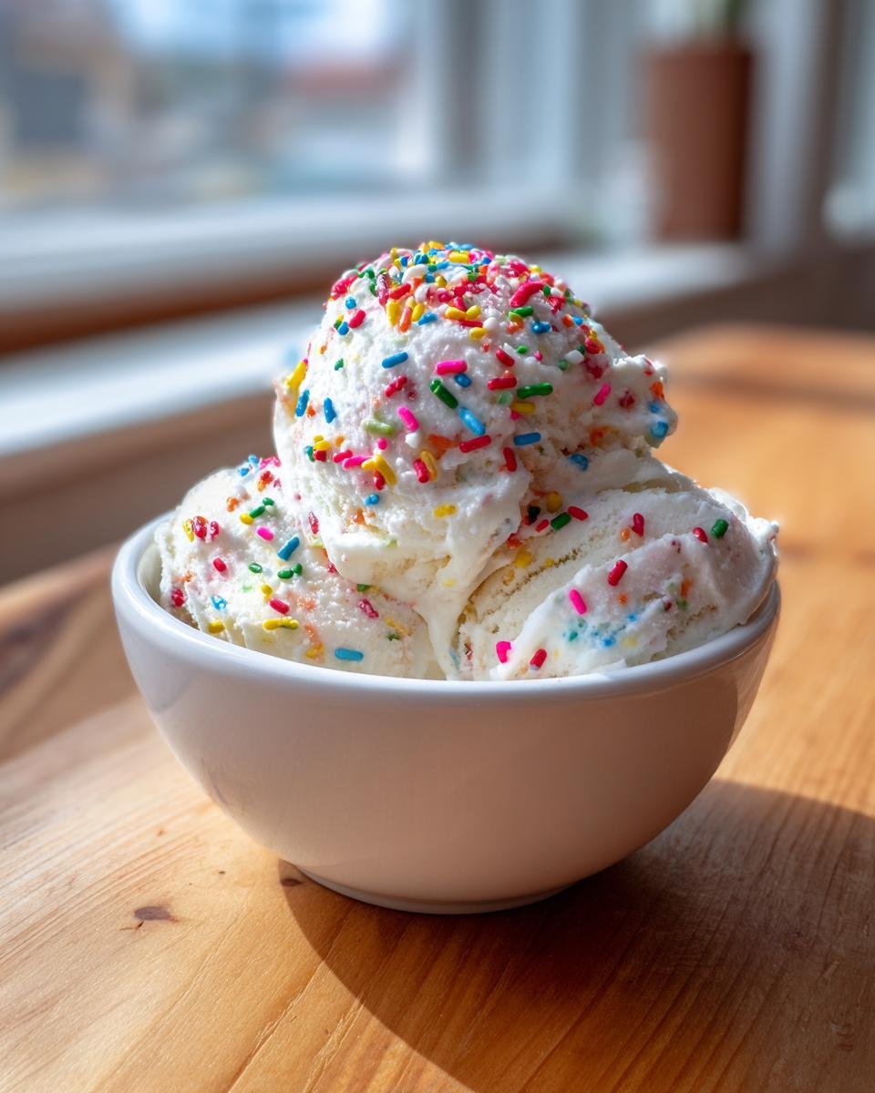 Three scoops of white Birthday Cake Ice Cream topped generously with colorful rainbow sprinkles in a white bowl.