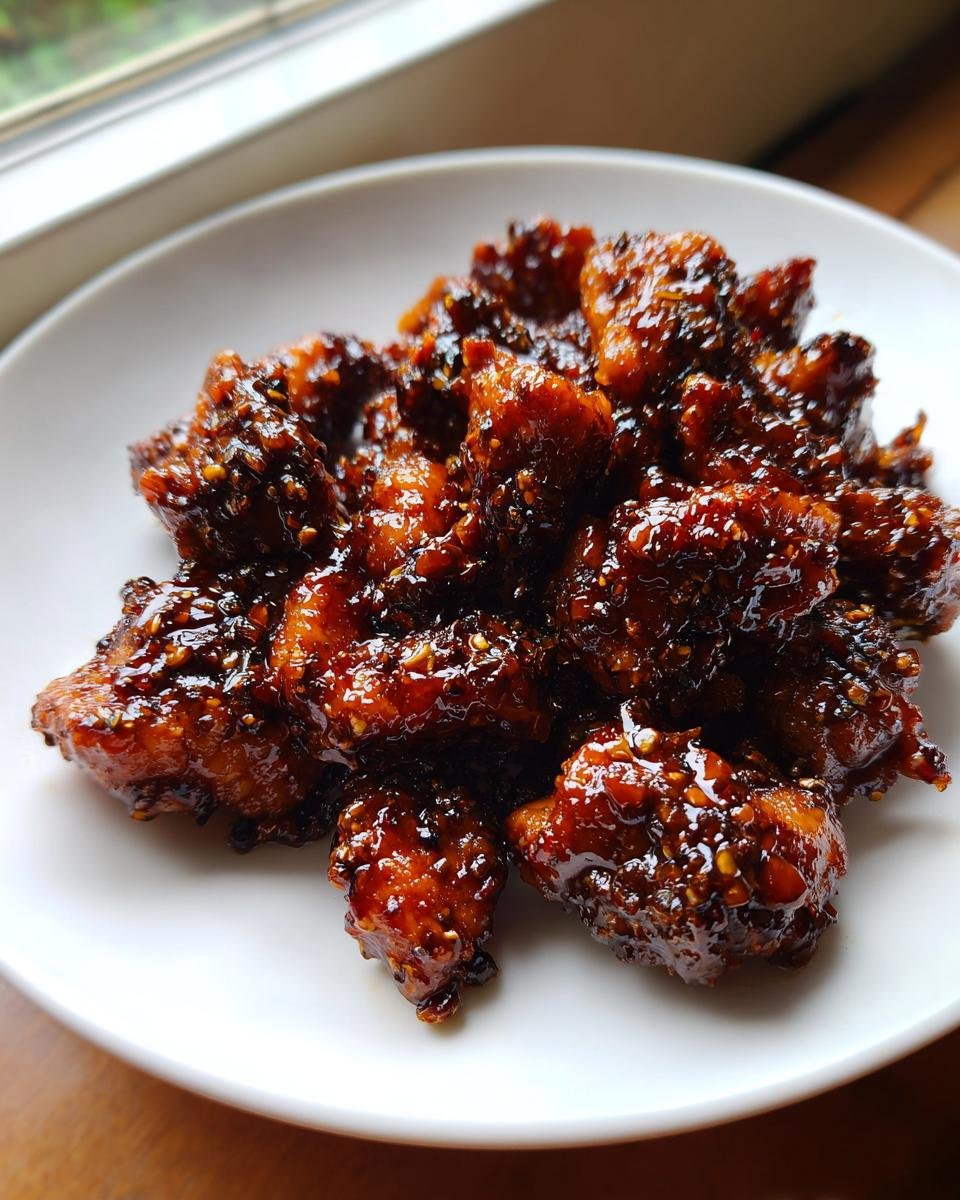 Close-up of sticky, dark glazed Black Pepper Chicken pieces sprinkled with sesame seeds on a white plate.