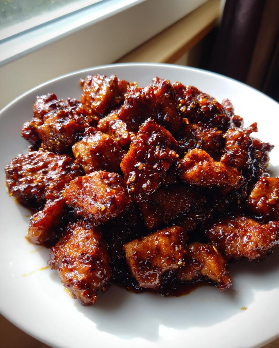 Close-up of bite-sized pieces of glazed Black Pepper Chicken coated in a dark, glossy sauce with visible pepper flakes.