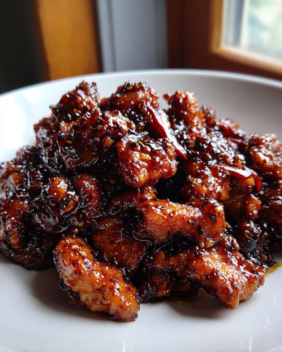 Close-up of glistening, saucy pieces of Black Pepper Chicken piled high on a white plate.