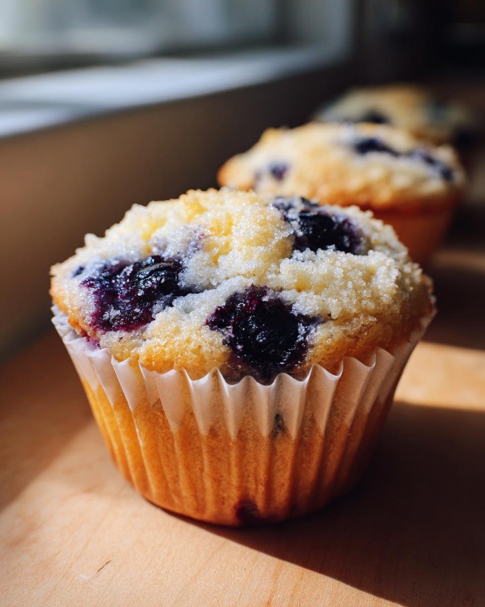 Close-up of a freshly baked Blueberry Lemon Muffin topped with coarse sugar, with more muffins blurred in the background.