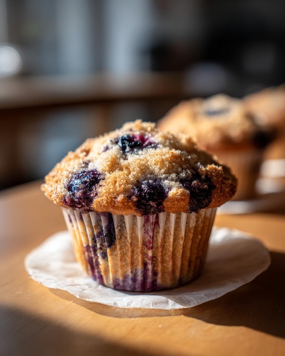 A close-up, sunlit image of a single Blueberry Lemon Muffin with a golden crumb topping.