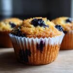 A close-up, appetizing shot of a freshly baked Blueberry Lemon Muffin with a sugary top.