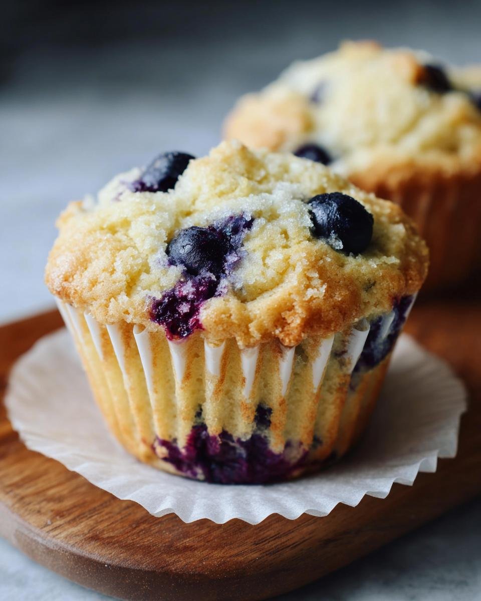 A close-up of a perfectly baked Blueberry Lemon Muffin topped with coarse sugar and fresh blueberries.