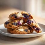 A stack of freshly baked Blueberry White Chocolate Cookies, showing gooey white chocolate chips and burst blueberries.