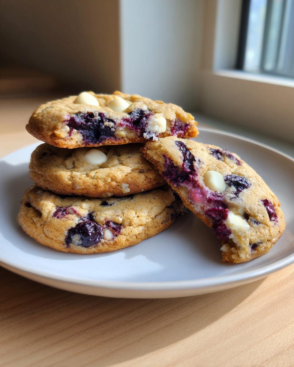 A stack of three soft Blueberry White Chocolate Cookies on a white plate, one broken open showing the gooey center.