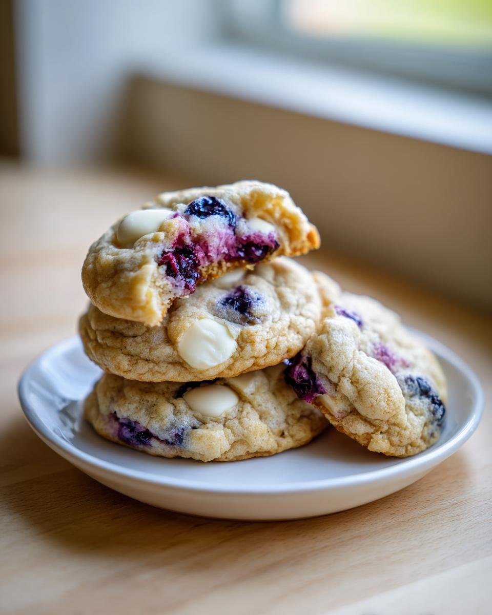 A stack of soft Blueberry White Chocolate Cookies on a small white plate, with the top cookie broken open showing the gooey interior.