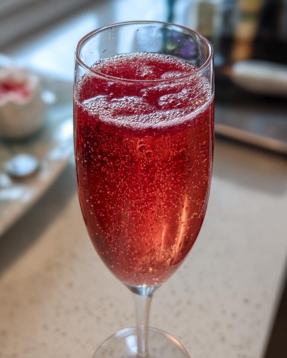 Close-up of a vibrant, bubbly Chambord Bellini cocktail served in a champagne flute.
