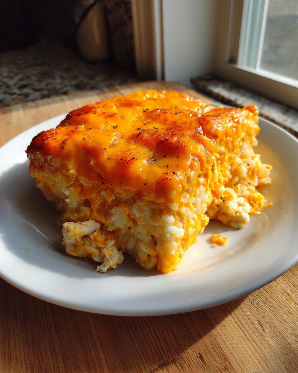 A square serving of creamy Buffalo Chicken Rice Casserole topped with melted orange cheddar cheese.