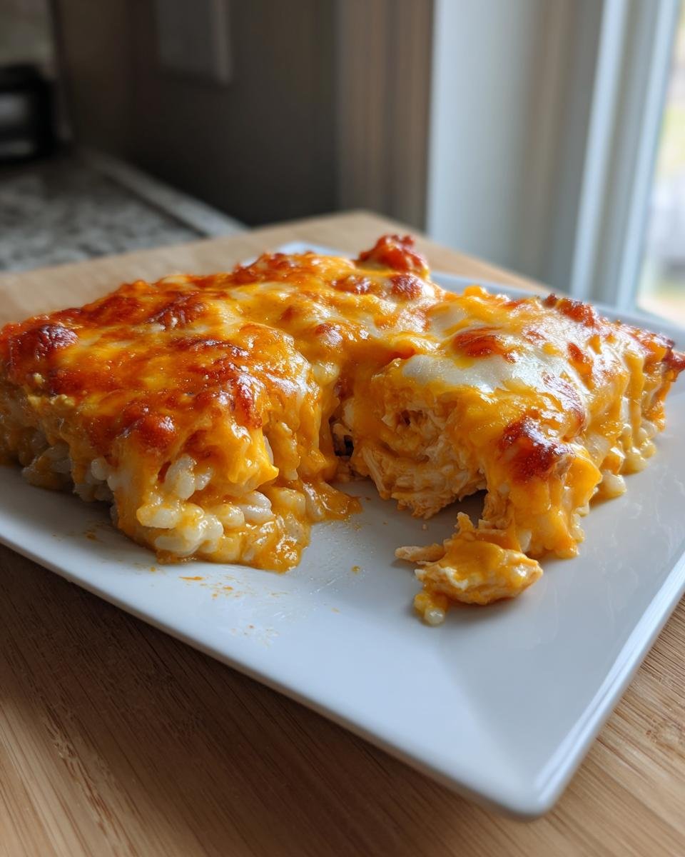 A serving of creamy Buffalo Chicken Rice Casserole topped with melted, bubbly orange cheese.