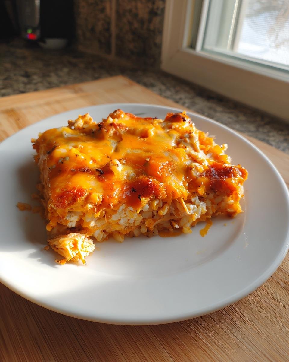 A generous slice of Buffalo Chicken Rice Casserole topped with melted orange cheddar cheese, served on a white plate.