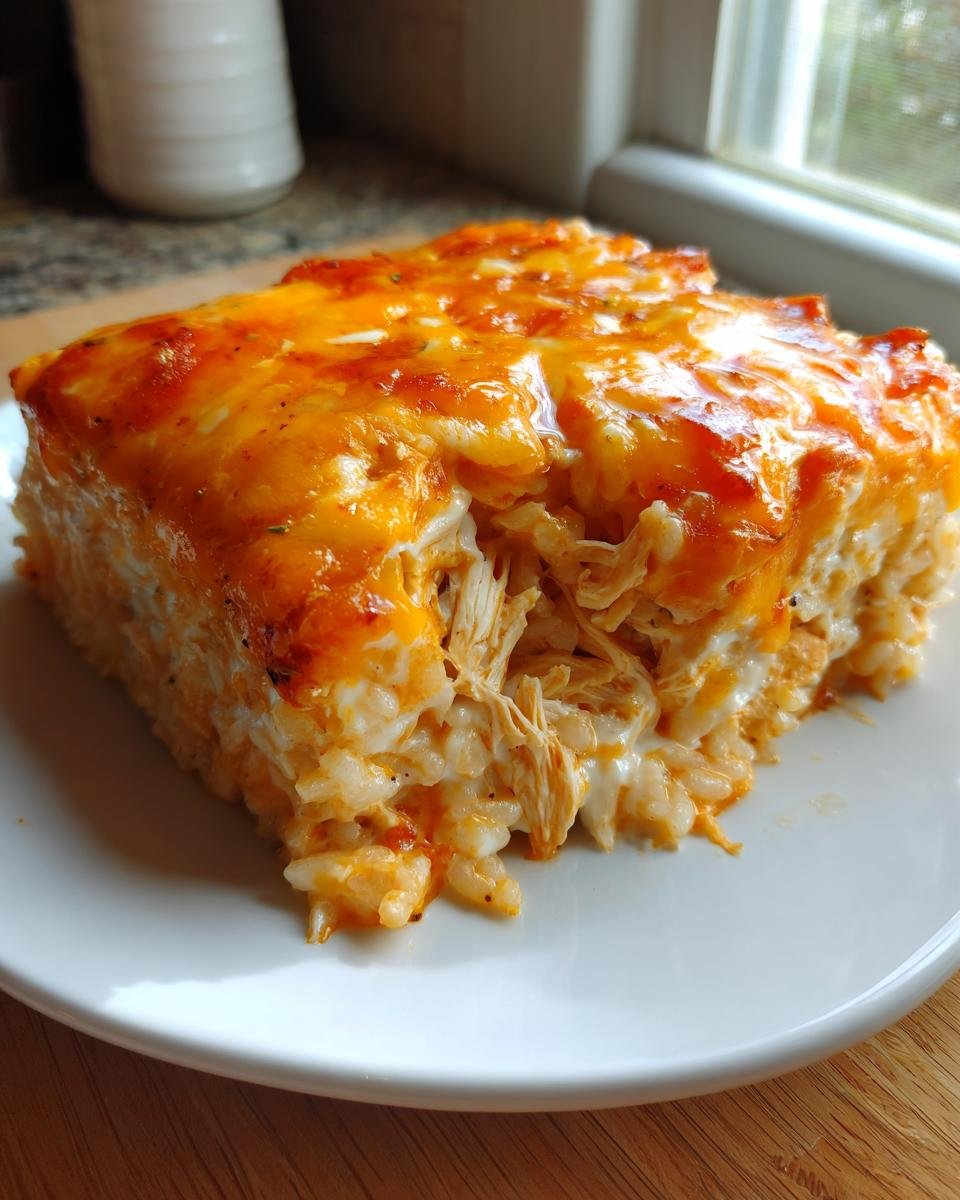 A thick slice of Buffalo Chicken Rice Casserole topped with melted orange cheese, showing shredded chicken and rice.
