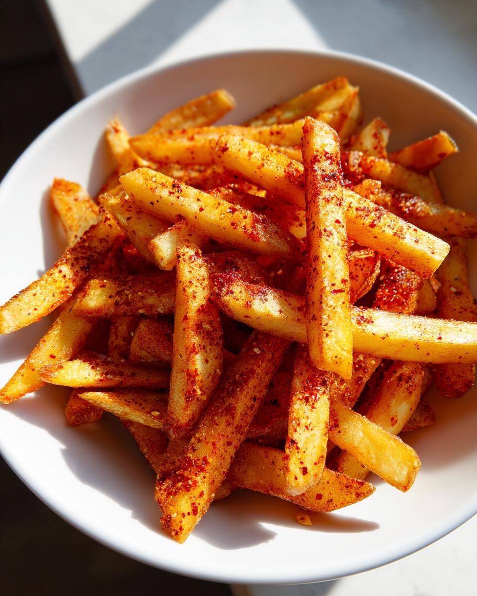 Close-up of golden french fries heavily coated with red seasoning, served in a white bowl, showcasing delicious Cajun Fries.