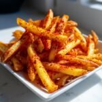 A close-up, appetizing shot of golden french fries heavily coated in vibrant red seasoning, known as Cajun Fries.