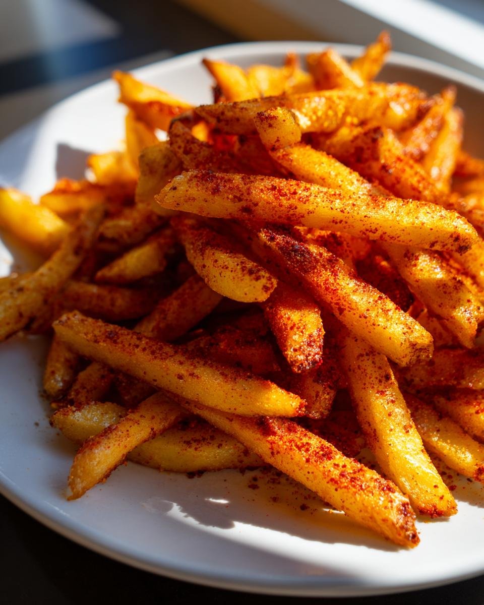 Close-up of golden, crispy french fries heavily dusted with vibrant red seasoning, served on a white plate, showcasing the amazing Cajun Fries.
