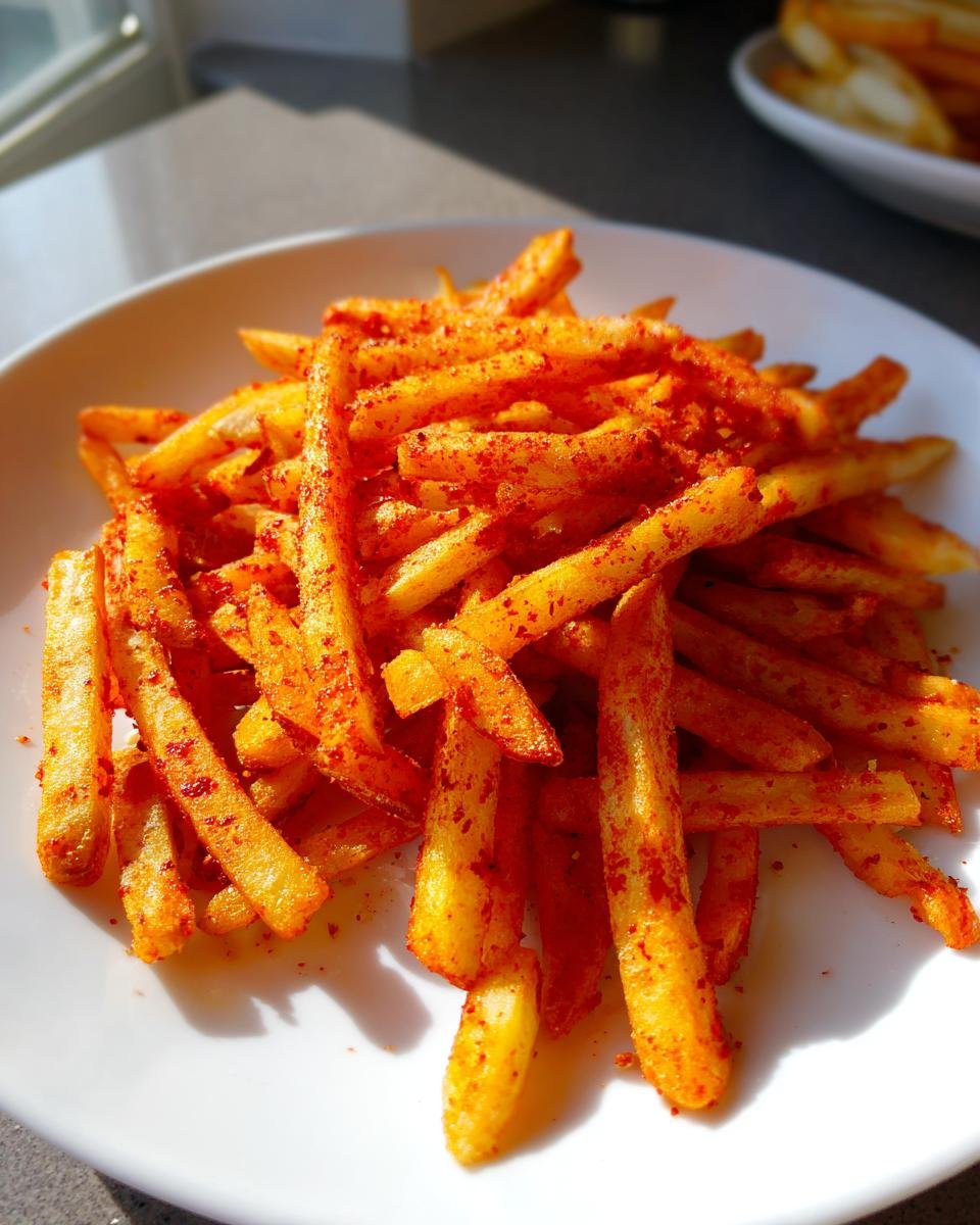 Close-up of golden french fries heavily coated in bright red seasoning, known as Cajun Fries, served on a white plate.