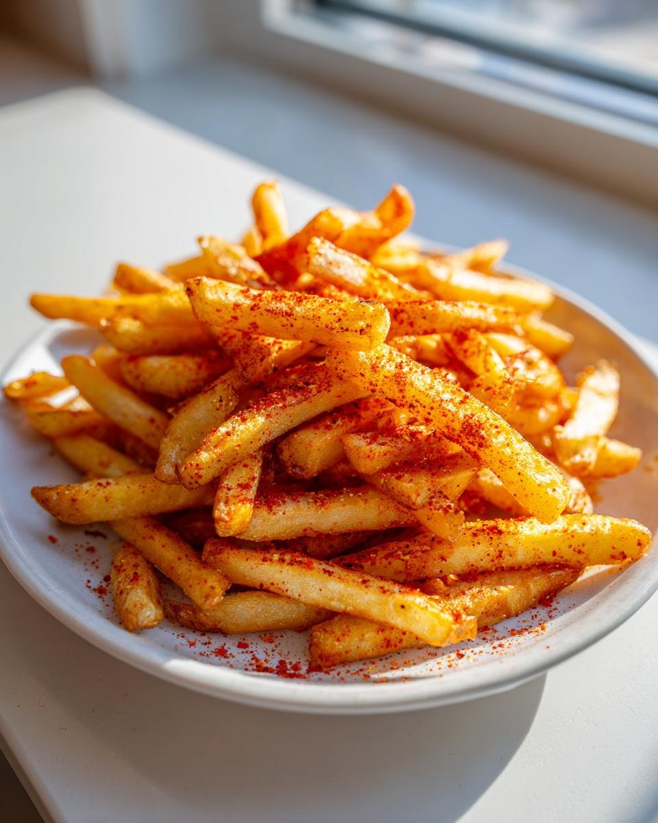 A close-up of golden french fries heavily dusted with vibrant red seasoning, making delicious Cajun Fries, served on a white plate.