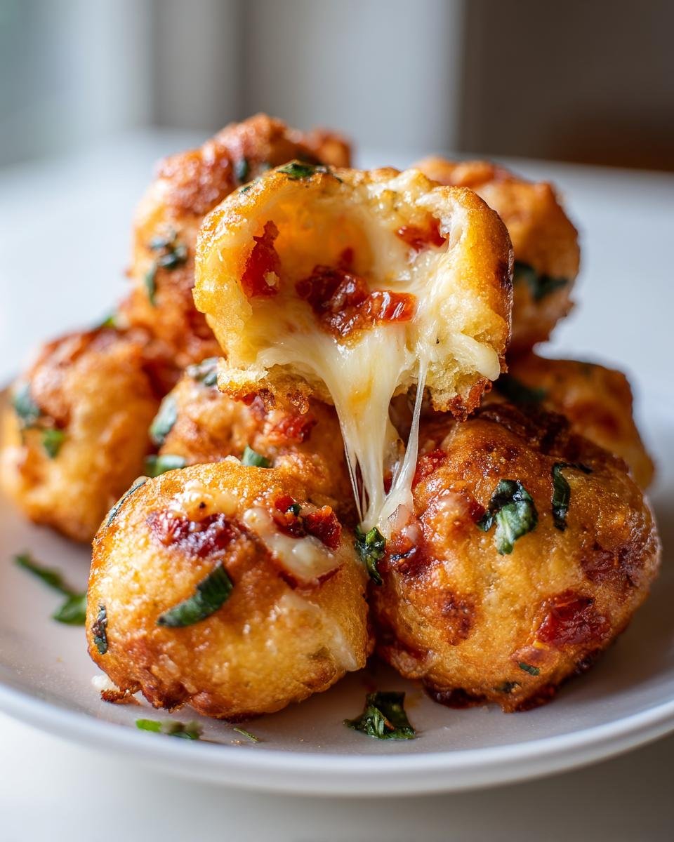 Close-up of Caprese Cheese Bombs showing melted mozzarella cheese stretching as one is pulled apart.