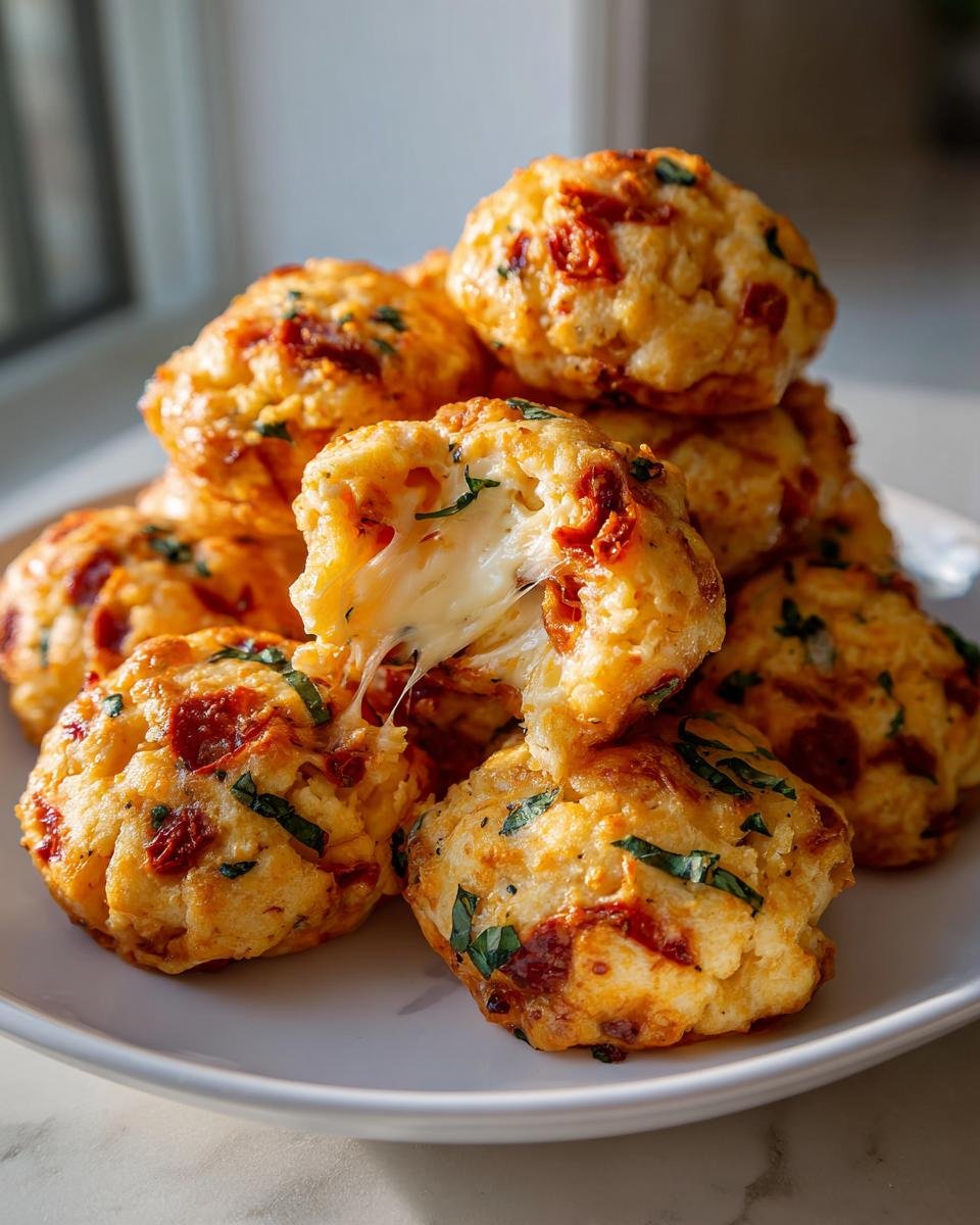 Close-up of Caprese Cheese Bombs stacked, one pulled apart showing melted mozzarella cheese stretching.