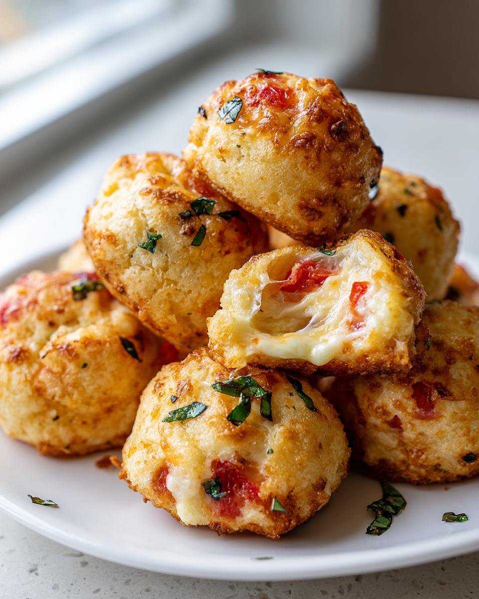 A stack of golden brown Caprese Cheese Bombs, one broken open showing melted mozzarella and tomato filling.