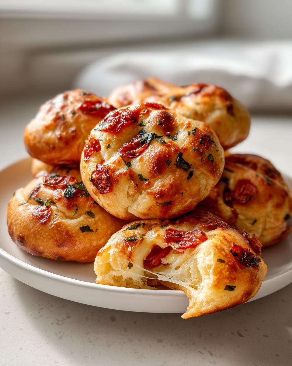 A stack of baked Caprese Cheese Bombs, one broken open showing a dramatic mozzarella cheese pull.