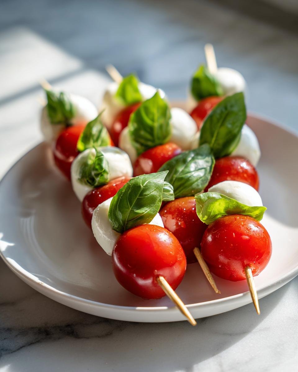 Close-up of Caprese skewers with cherry tomatoes, mozzarella balls, and basil, perfect for 4th of July Appetizers.