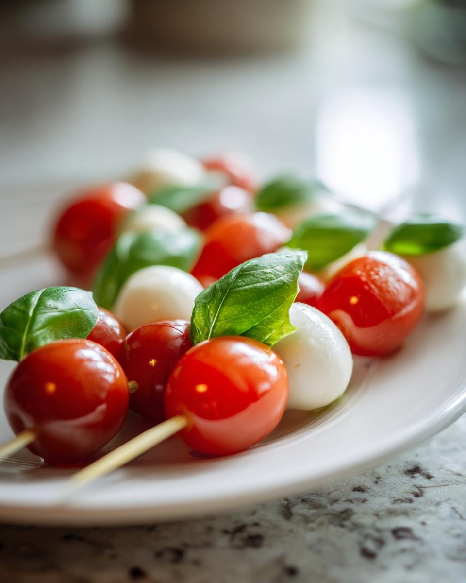 Close-up of Caprese skewers featuring cherry tomatoes, mozzarella balls, and basil leaves, perfect for 4th of July Appetizers.