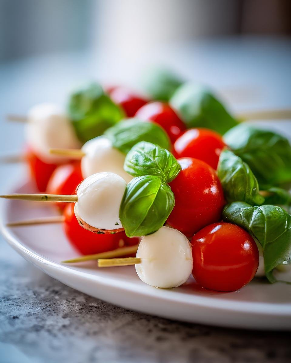 Close-up of Caprese skewers featuring cherry tomatoes, mozzarella balls, and basil, perfect for 4th of July Appetizers.