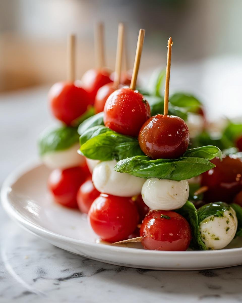 Close-up of Caprese skewers with cherry tomatoes, mozzarella balls, and basil, perfect for 4th of July Appetizers.