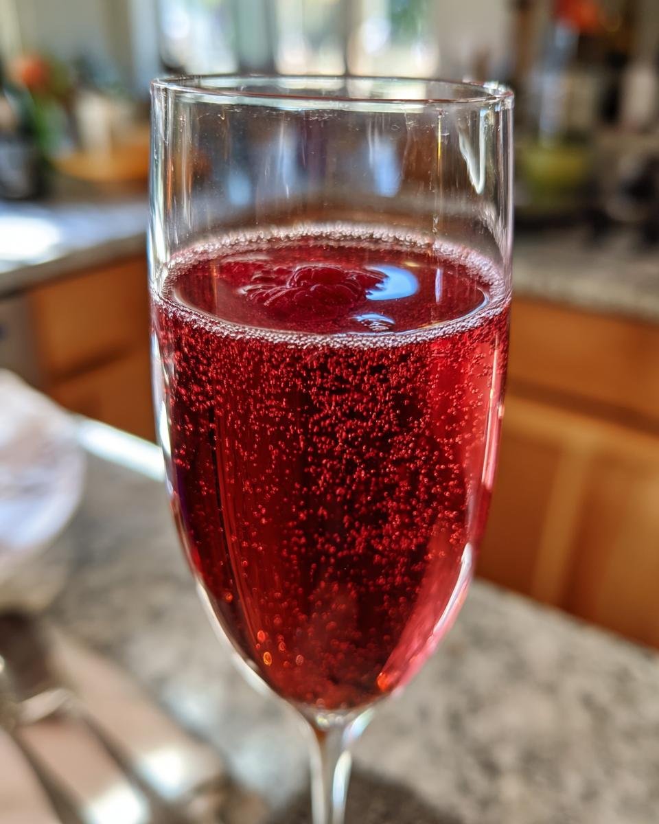 Close-up of a flute glass filled with a vibrant red, fizzy Chambord Bellini cocktail, garnished with a raspberry.