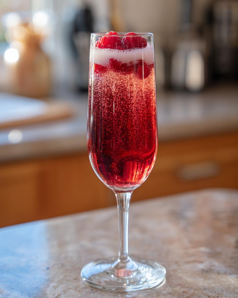 A tall flute glass filled with a vibrant red, fizzy Chambord Bellini, garnished with fresh raspberries.
