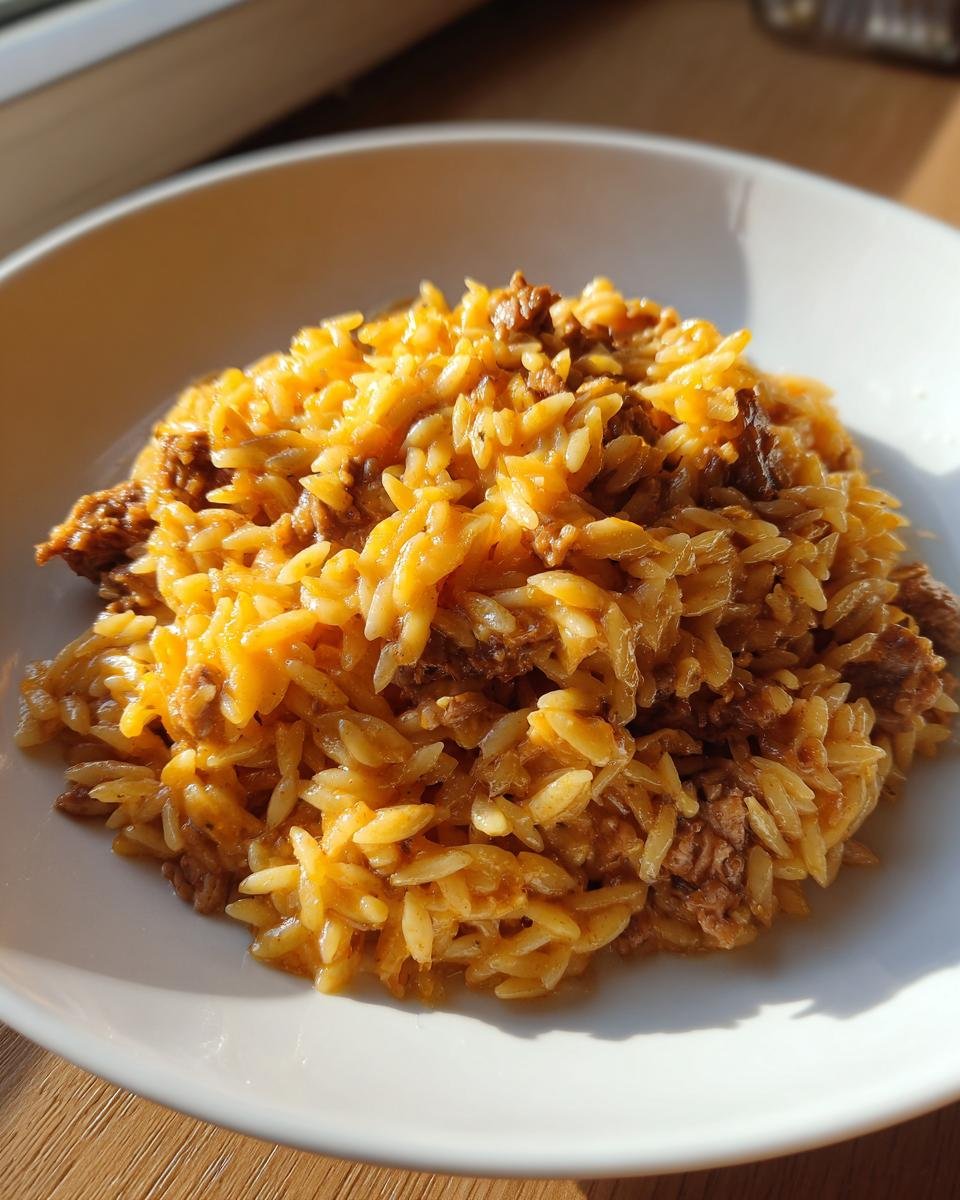 A close-up serving of creamy Cheesy Chicken Orzo mixed with shredded chicken in a white bowl.