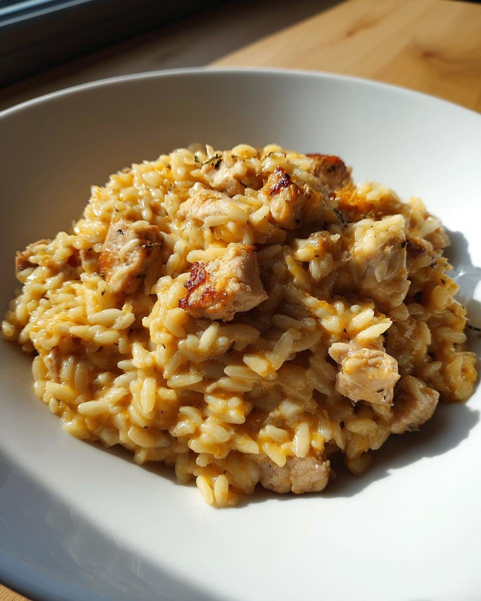 A close-up of creamy Cheesy Chicken Orzo served in a white bowl, topped with browned chicken pieces.