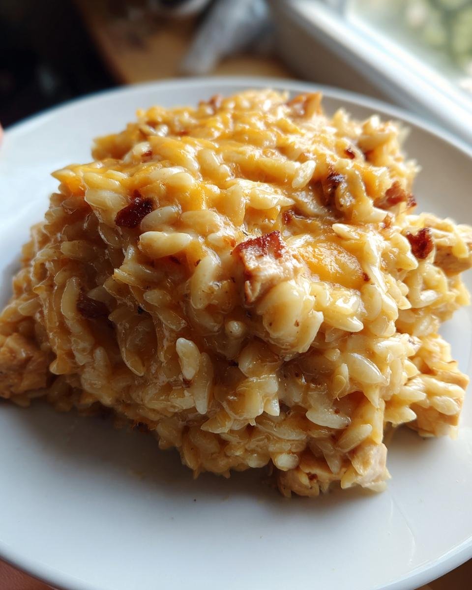 A close-up serving of creamy Cheesy Chicken Orzo mixed with melted cheddar cheese and small pieces of bacon.
