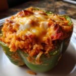 A close-up of a baked green bell pepper filled with seasoned rice and topped with melted, golden-brown cheese, ready to eat Jambalaya Stuffed Peppers.