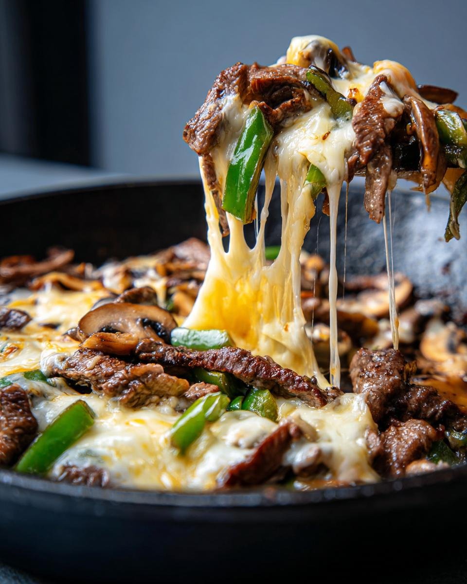 A serving of Philly Cheesesteak Skillet lifted from the pan showing extreme cheese pull with steak, peppers, and mushrooms.
