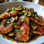 Close-up of golden-brown Chicken Marsala pieces smothered in a rich mushroom sauce and garnished with fresh parsley.