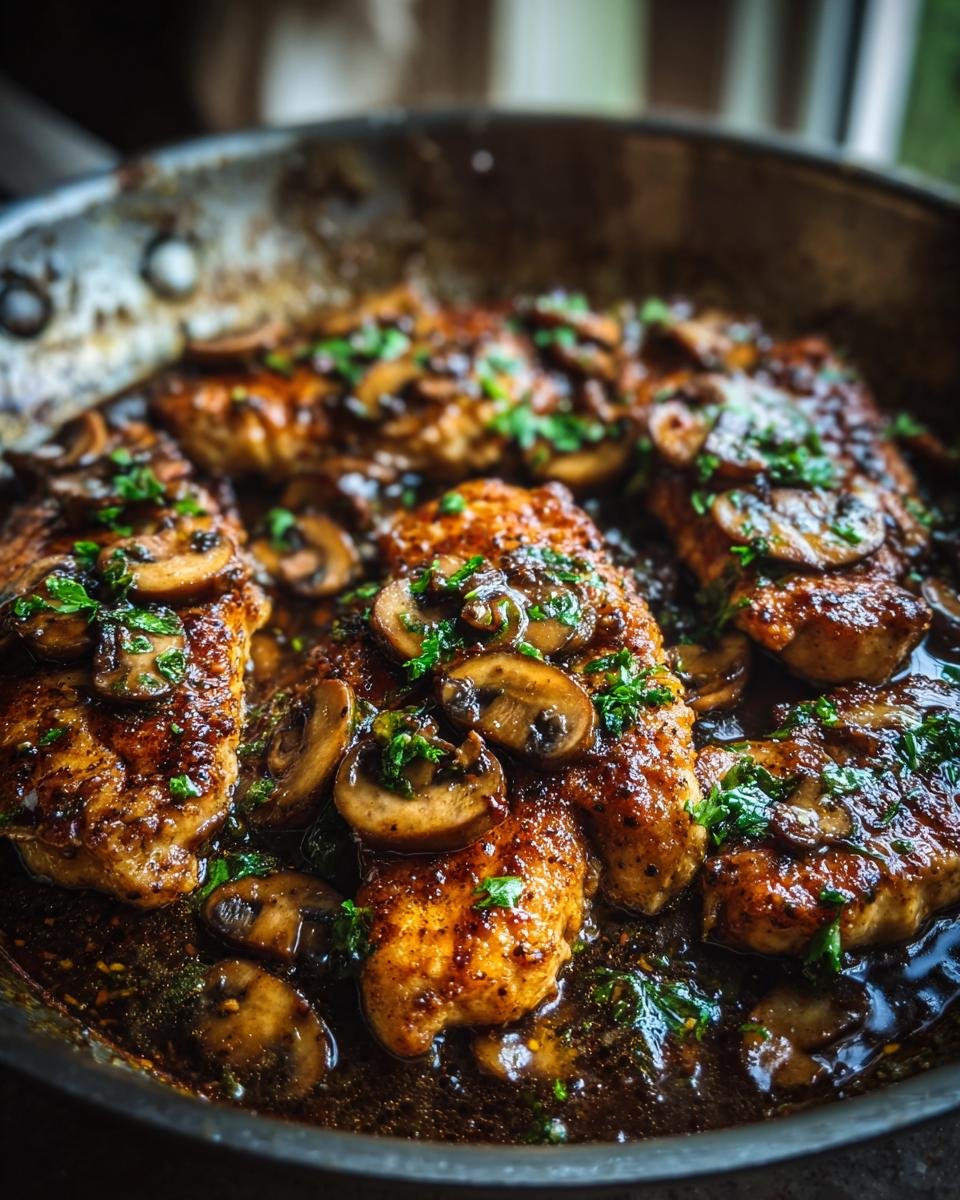 Close-up of Chicken Marsala cooking in a skillet, covered in rich brown sauce and sliced mushrooms.