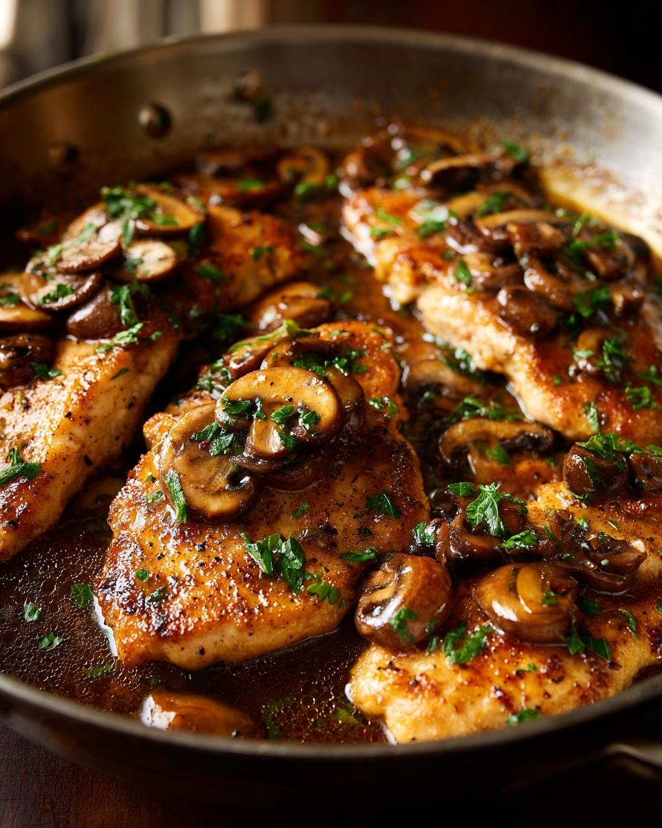 Close-up of pan-seared Chicken Marsala cutlets covered in a rich brown sauce and sliced mushrooms.